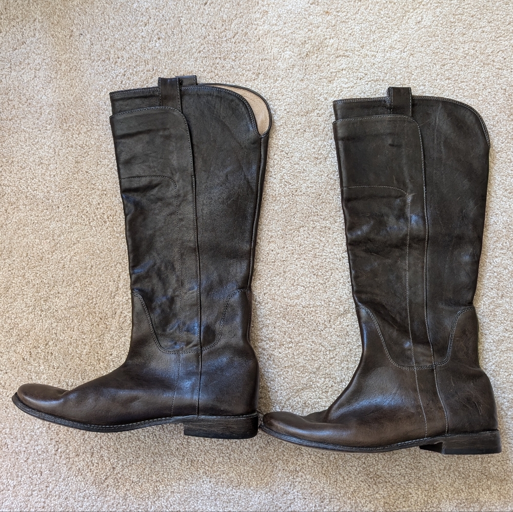 Frye Brown Leather Knee High Low Heel Riding Boots